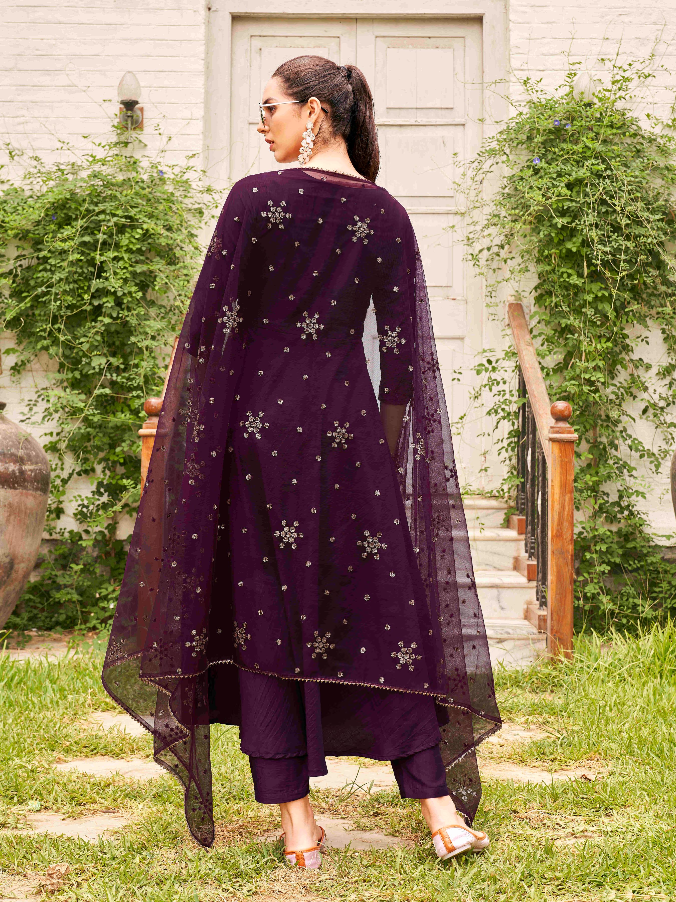 Burgundy Poly Crepe Solid Flared Kurta Set